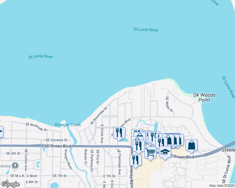 map of restaurants, bars, coffee shops, grocery stores, and more near 1535 Southeast Riverside Drive in Stuart