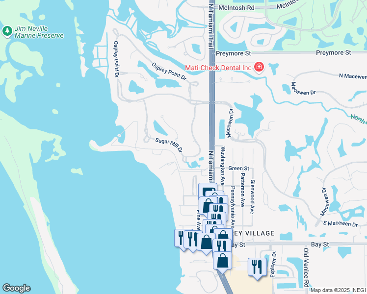 map of restaurants, bars, coffee shops, grocery stores, and more near 165 Sugar Mill Drive in Osprey