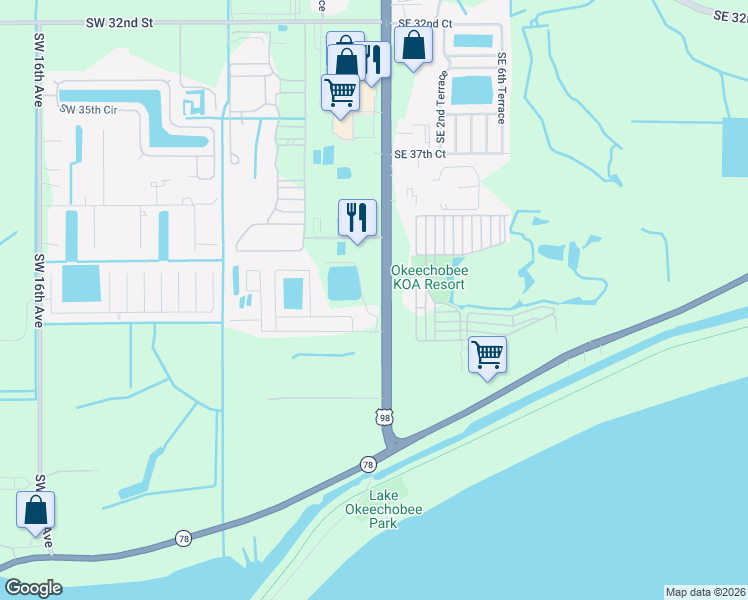 map of restaurants, bars, coffee shops, grocery stores, and more near 4301 US Highway 441 South in Okeechobee
