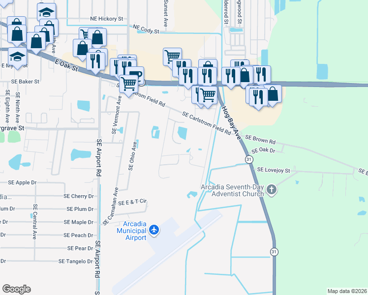 map of restaurants, bars, coffee shops, grocery stores, and more near 1381 Southeast Lake Road in Arcadia