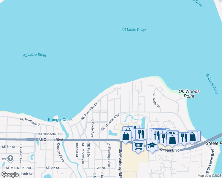 map of restaurants, bars, coffee shops, grocery stores, and more near 1535 Southeast Riverside Drive in Stuart