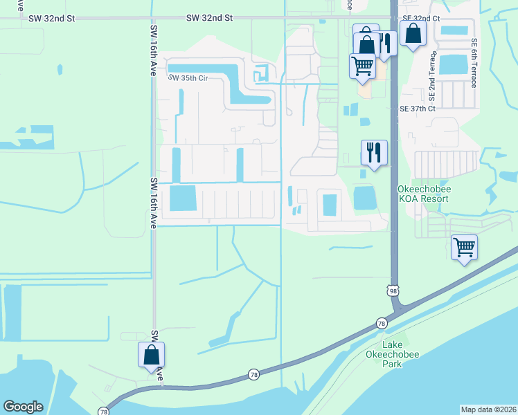 map of restaurants, bars, coffee shops, grocery stores, and more near 4351 Southwest 9th Way in Okeechobee