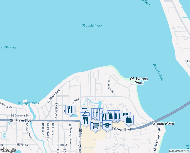 map of restaurants, bars, coffee shops, grocery stores, and more near 150 Southeast Four Winds Drive in Stuart