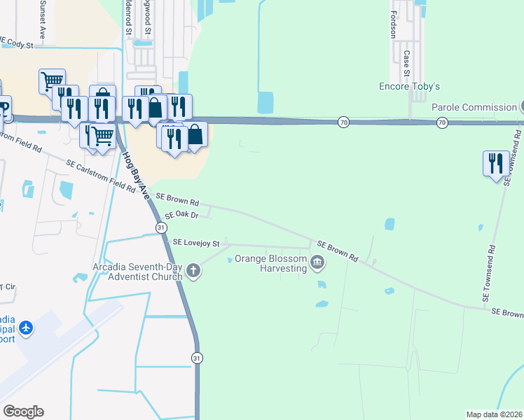 map of restaurants, bars, coffee shops, grocery stores, and more near 3172 Southeast Brown Road in Arcadia