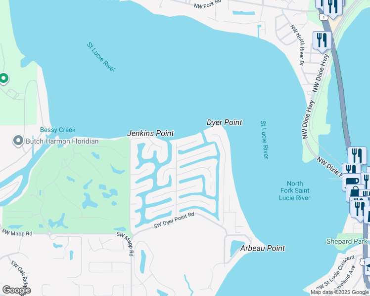 map of restaurants, bars, coffee shops, grocery stores, and more near 1462 Southwest Eagle Nest Way in Palm City