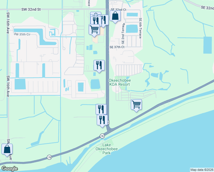 map of restaurants, bars, coffee shops, grocery stores, and more near 4301 US Highway 441 South in Okeechobee