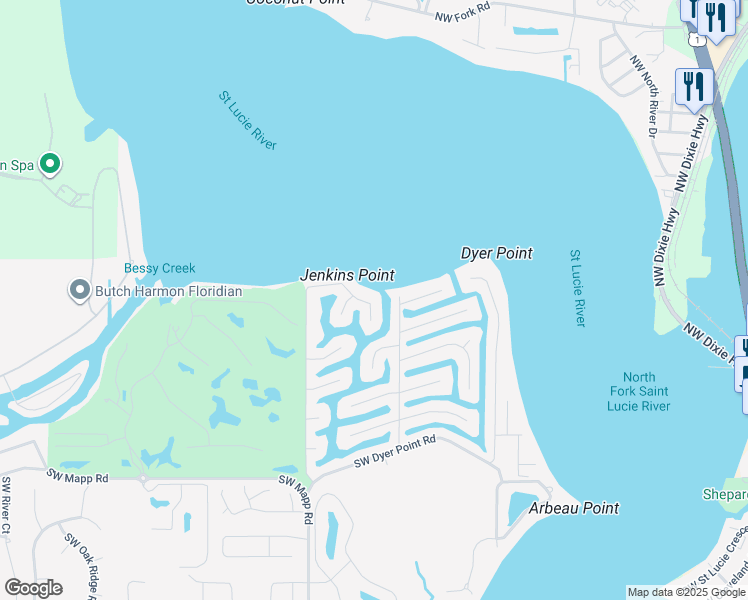 map of restaurants, bars, coffee shops, grocery stores, and more near 18-32 Sea Gate Harbor Road in Palm City