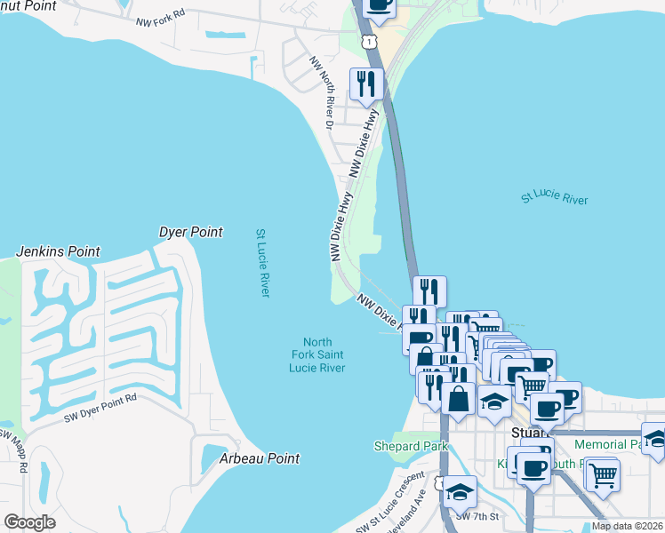 map of restaurants, bars, coffee shops, grocery stores, and more near 54 Northwest Dixie Highway in Stuart