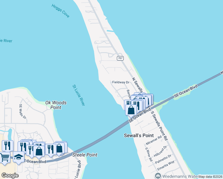 map of restaurants, bars, coffee shops, grocery stores, and more near 33 North River Road in Stuart