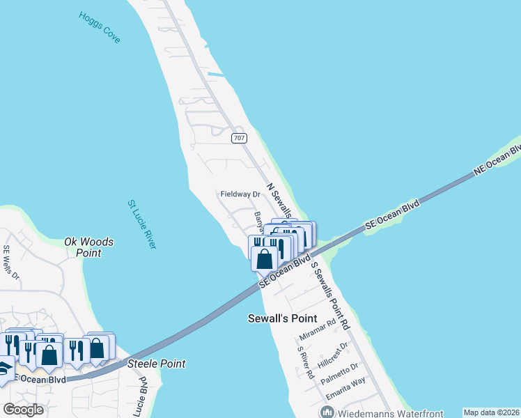 map of restaurants, bars, coffee shops, grocery stores, and more near 20 Banyan Road in Stuart