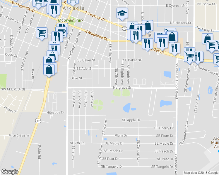 map of restaurants, bars, coffee shops, grocery stores, and more near 1651 Hargrave Street in Arcadia
