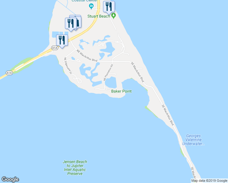 map of restaurants, bars, coffee shops, grocery stores, and more near 5799 Northeast Island Cove Way in Stuart