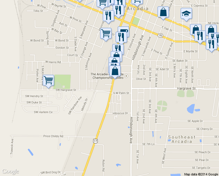 map of restaurants, bars, coffee shops, grocery stores, and more near 584 South Brevard Avenue in Arcadia