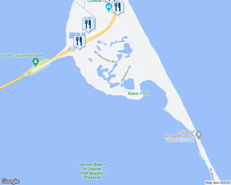 map of restaurants, bars, coffee shops, grocery stores, and more near 20 Northeast Plantation Road in Stuart