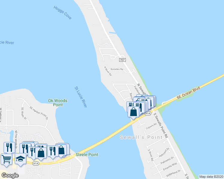 map of restaurants, bars, coffee shops, grocery stores, and more near 33 North River Road in Stuart