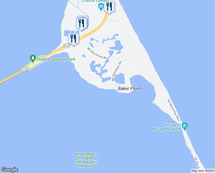 map of restaurants, bars, coffee shops, grocery stores, and more near 20 Northeast Plantation Road in Stuart