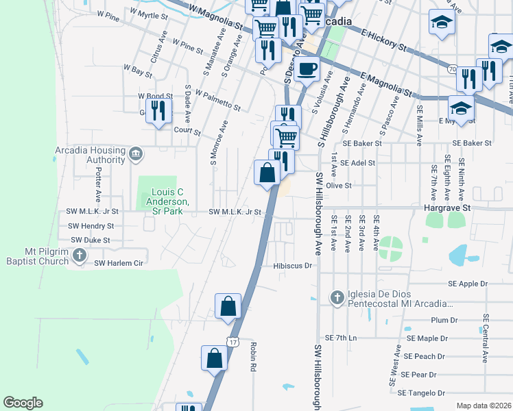 map of restaurants, bars, coffee shops, grocery stores, and more near 584 South Brevard Avenue in Arcadia