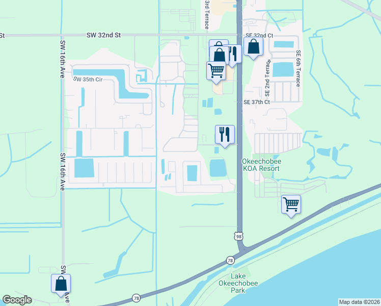 map of restaurants, bars, coffee shops, grocery stores, and more near 518 Southwest 42nd cove in Okeechobee