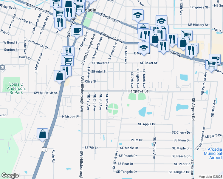 map of restaurants, bars, coffee shops, grocery stores, and more near 1270 Hargrave Street in Arcadia