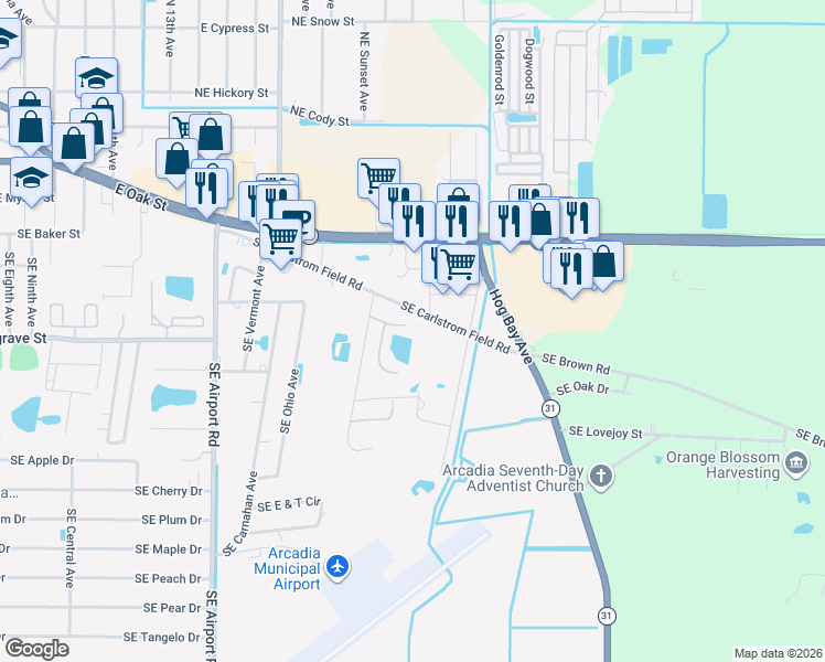 map of restaurants, bars, coffee shops, grocery stores, and more near 2351 Southeast Rackeweg Street in Arcadia