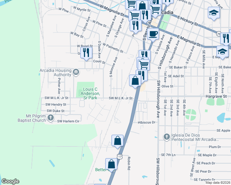 map of restaurants, bars, coffee shops, grocery stores, and more near 11 Park Place in Arcadia