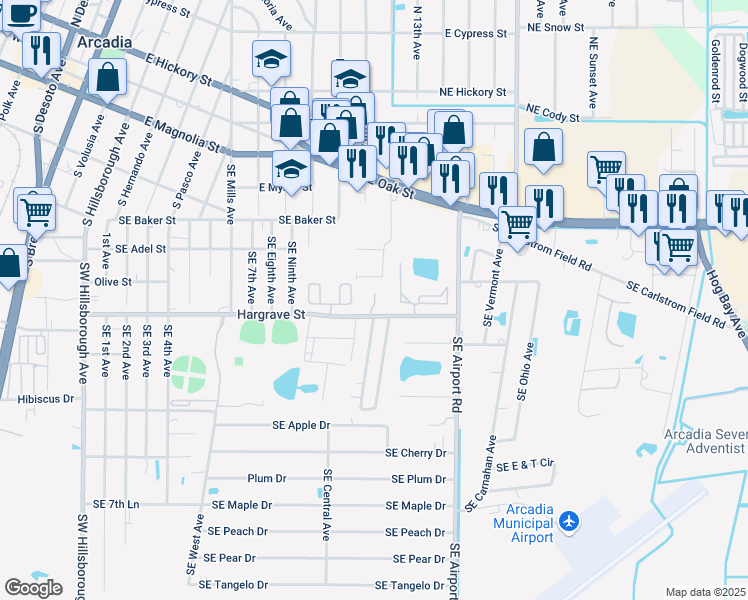 map of restaurants, bars, coffee shops, grocery stores, and more near 1766 Hargrave Street in Arcadia