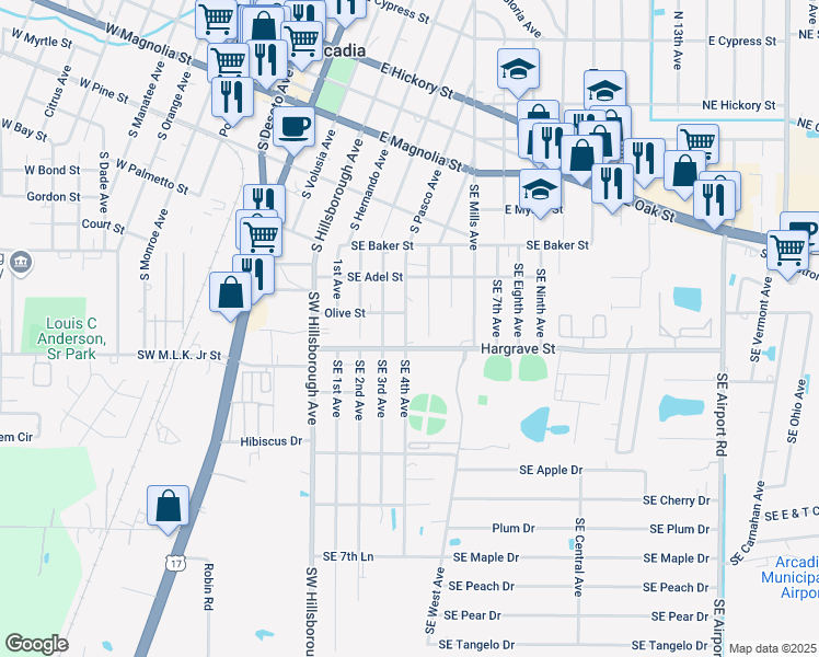 map of restaurants, bars, coffee shops, grocery stores, and more near 1270 Hargrave Street in Arcadia