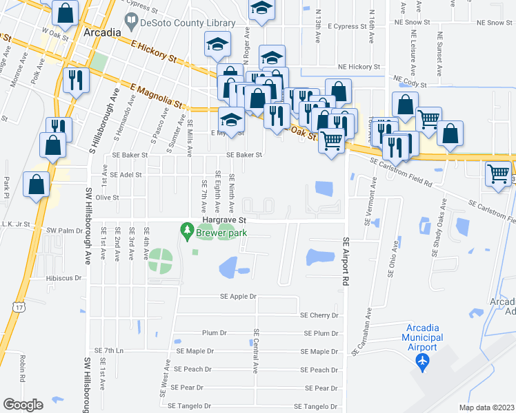 map of restaurants, bars, coffee shops, grocery stores, and more near 1650 Hargrave Street in Arcadia