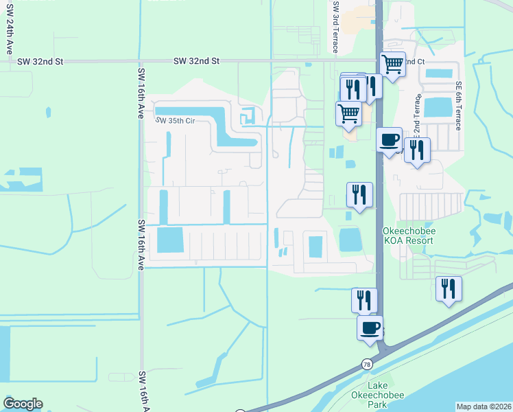 map of restaurants, bars, coffee shops, grocery stores, and more near 4030 Southwest 9th Way in Okeechobee