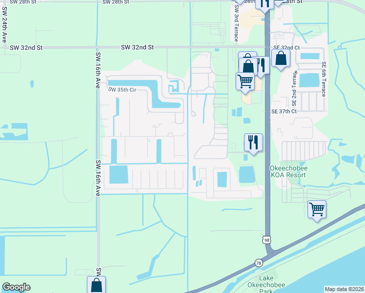 map of restaurants, bars, coffee shops, grocery stores, and more near 4030 Southwest 9th Way in Okeechobee