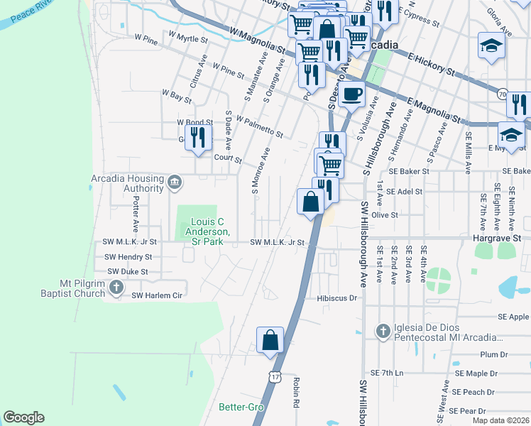 map of restaurants, bars, coffee shops, grocery stores, and more near 815 South Monroe Avenue in Arcadia