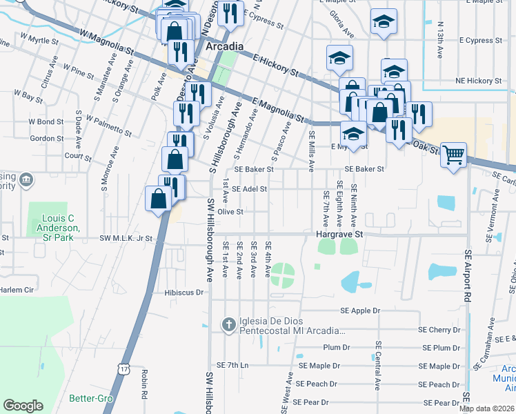 map of restaurants, bars, coffee shops, grocery stores, and more near 1150 Southeast 3rd Avenue in Arcadia