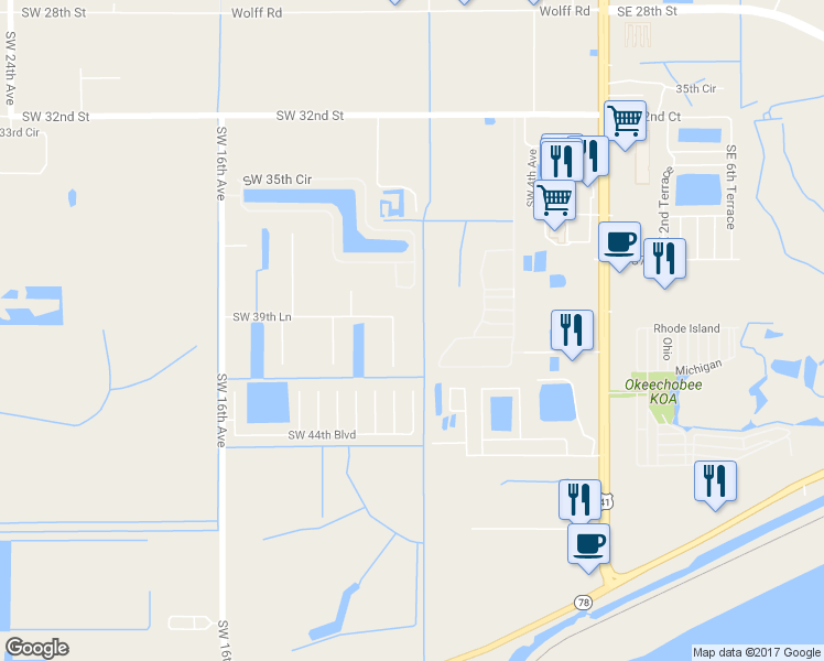 map of restaurants, bars, coffee shops, grocery stores, and more near 4030 Southwest 9th Way in Okeechobee
