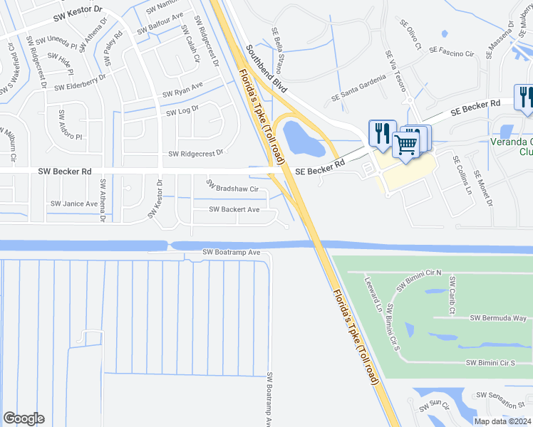 map of restaurants, bars, coffee shops, grocery stores, and more near 674 Southwest Backert Avenue in Port St. Lucie