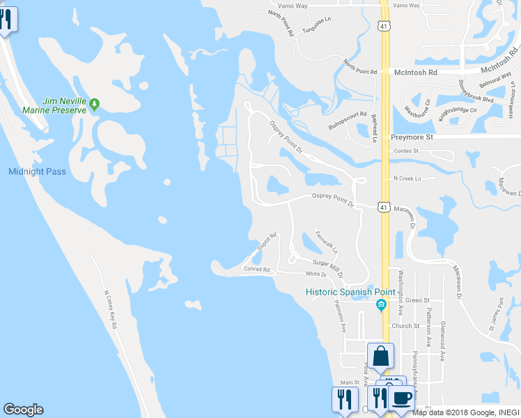 map of restaurants, bars, coffee shops, grocery stores, and more near 100 Osprey Point Drive in Osprey