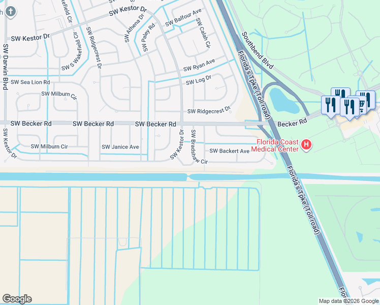 map of restaurants, bars, coffee shops, grocery stores, and more near 437 Southwest Bradshaw Circle in Port St. Lucie