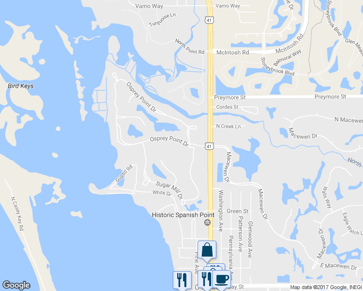 map of restaurants, bars, coffee shops, grocery stores, and more near 38 Osprey Point Drive in Osprey