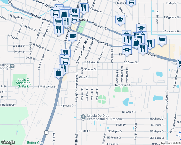 map of restaurants, bars, coffee shops, grocery stores, and more near 1150 Southeast 3rd Avenue in Arcadia