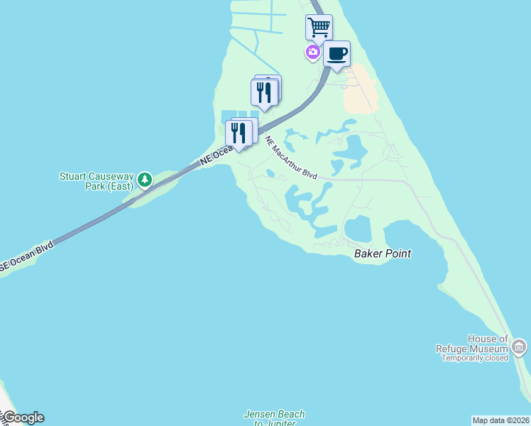 map of restaurants, bars, coffee shops, grocery stores, and more near 216 Northeast Edgewater Drive in Stuart