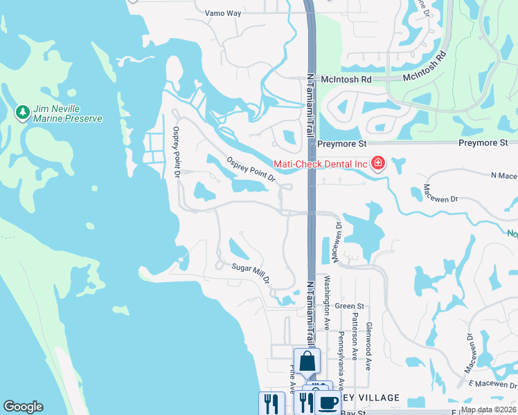 map of restaurants, bars, coffee shops, grocery stores, and more near 54 Osprey Point Drive in Osprey