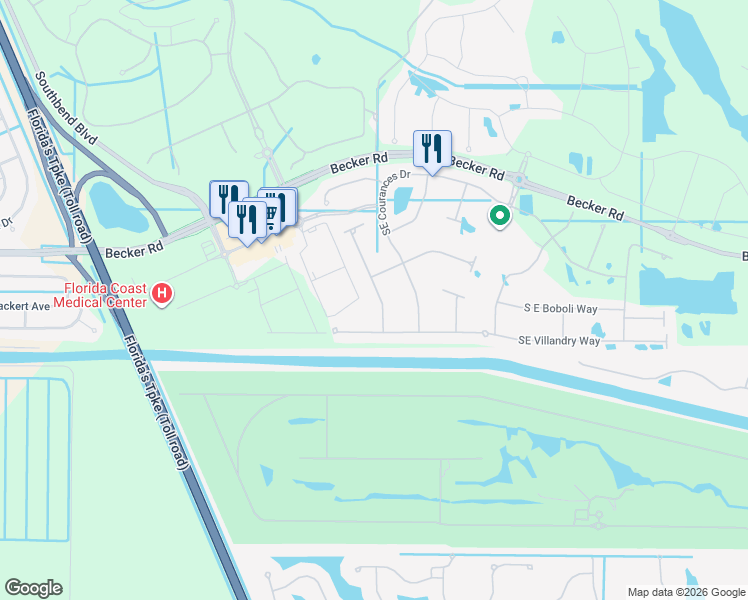 map of restaurants, bars, coffee shops, grocery stores, and more near 632 Southeast Monet Drive in Port St. Lucie