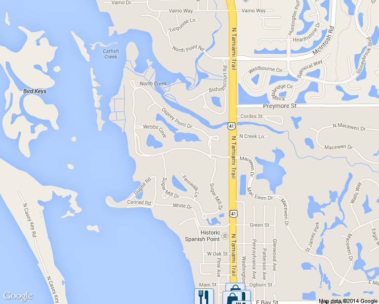 map of restaurants, bars, coffee shops, grocery stores, and more near 54 Osprey Point Drive in Osprey
