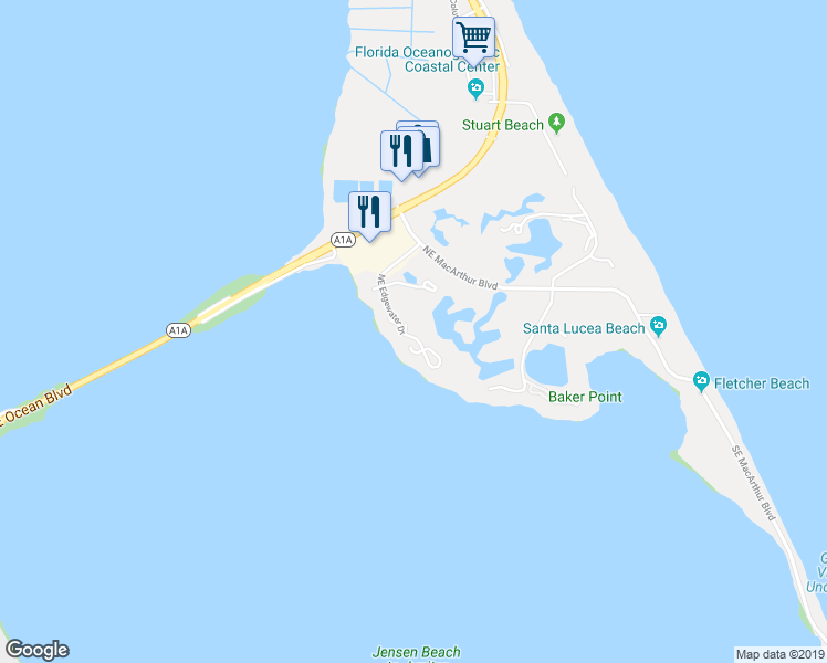 map of restaurants, bars, coffee shops, grocery stores, and more near 267 Northeast Edgewater Drive in Stuart