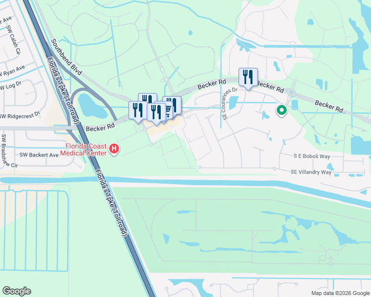 map of restaurants, bars, coffee shops, grocery stores, and more near 864 Southeast Becker Road in Port St. Lucie