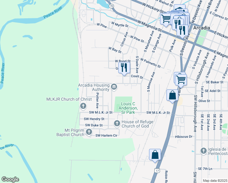map of restaurants, bars, coffee shops, grocery stores, and more near 7 Booker T Washington Road in Arcadia