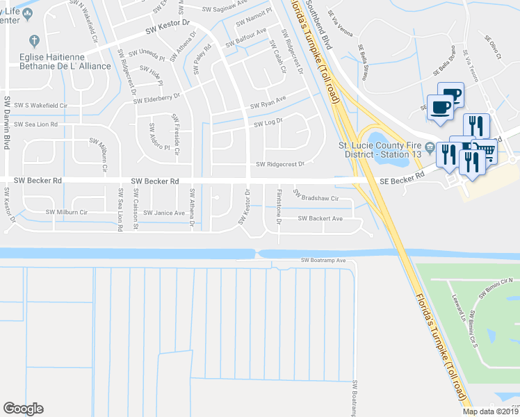 map of restaurants, bars, coffee shops, grocery stores, and more near 424 Southwest Bradshaw Circle in Port St. Lucie