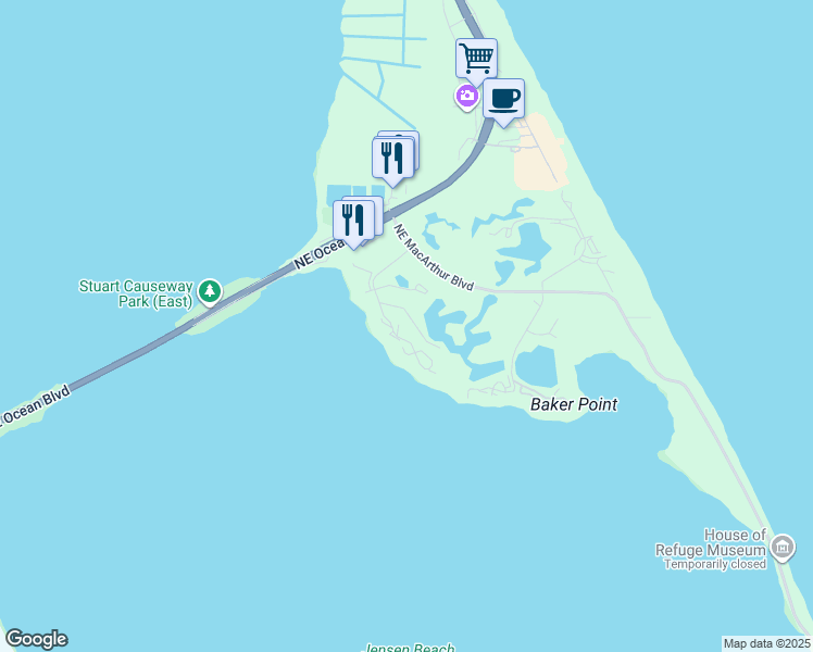 map of restaurants, bars, coffee shops, grocery stores, and more near 267 Northeast Edgewater Drive in Stuart