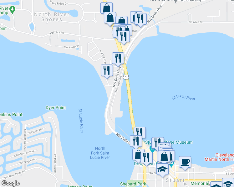 map of restaurants, bars, coffee shops, grocery stores, and more near 215 Northwest Flagler Avenue in Stuart