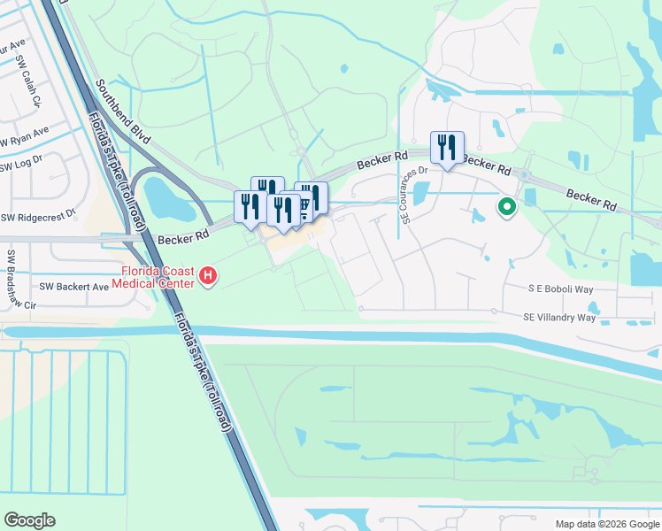 map of restaurants, bars, coffee shops, grocery stores, and more near 864 Southeast Becker Road in Port St. Lucie
