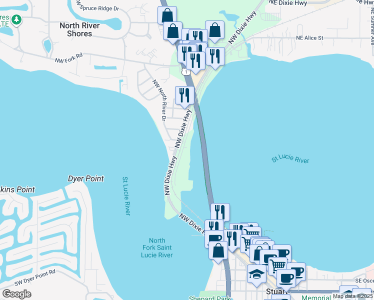 map of restaurants, bars, coffee shops, grocery stores, and more near 215 Northwest Flagler Avenue in Stuart